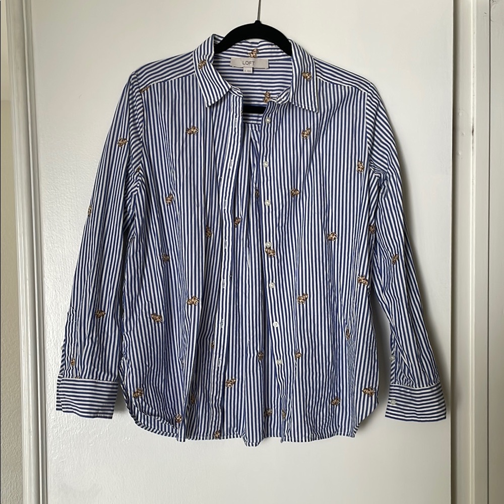 Blue Striped Woman’s Shirt with Puppies